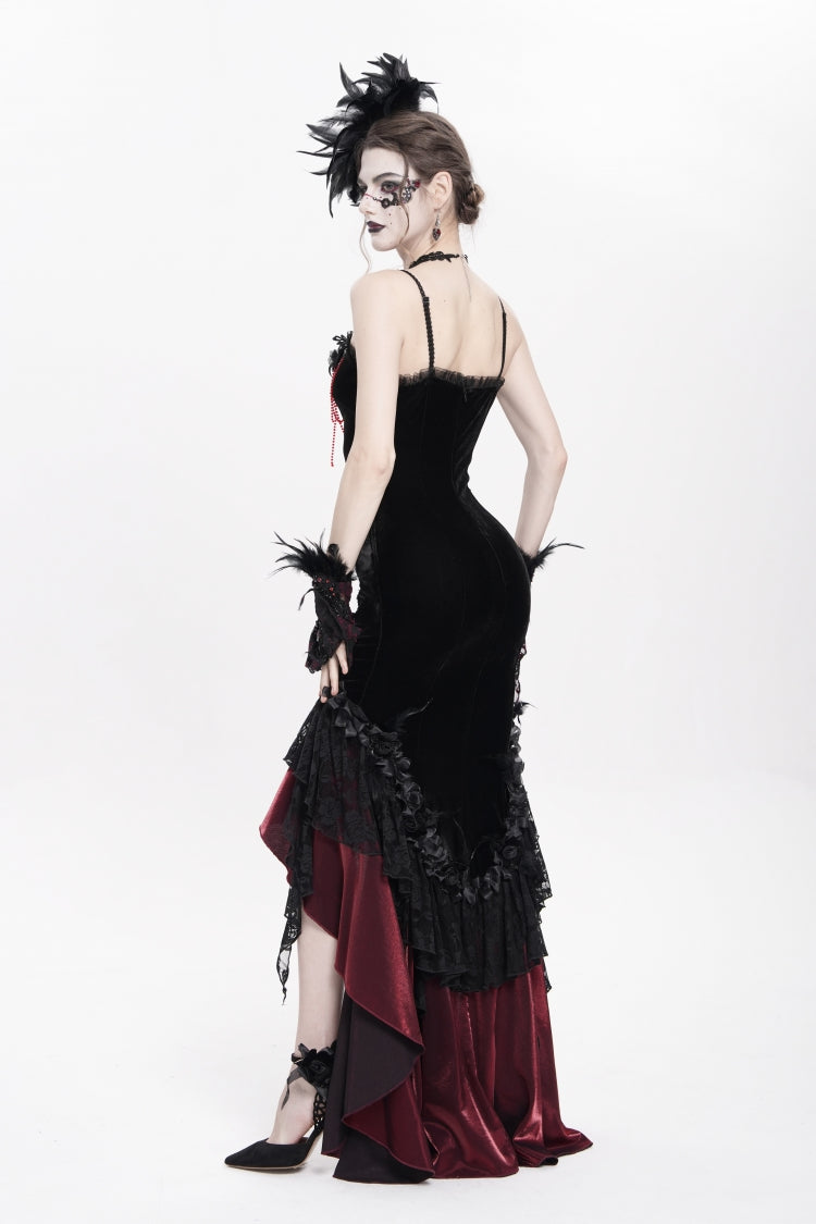 Crimson Gothic JSK with Embroidered Lace and Sleeveless Bardot Neckline