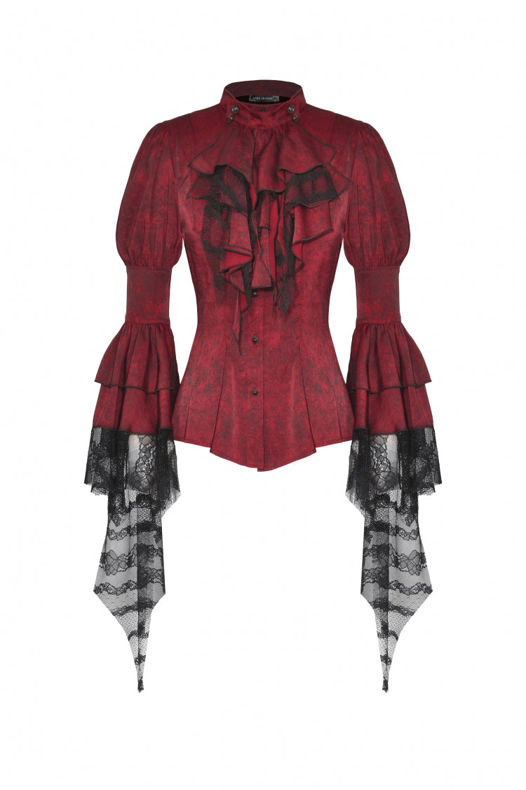Crimson Gothic Blouse with Frilly Lace and Long Hime Sleeves