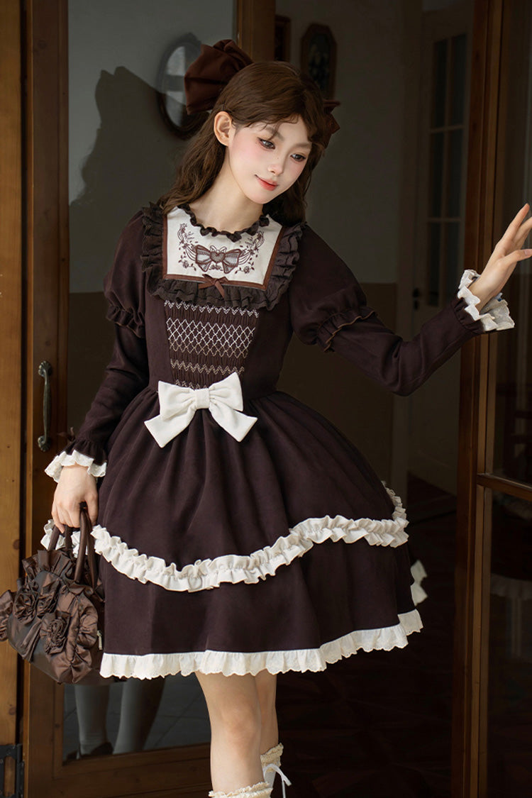 Chocolate Double Layer Ruffle Bow Embroidered Short Lolita Dress - Miss Brown