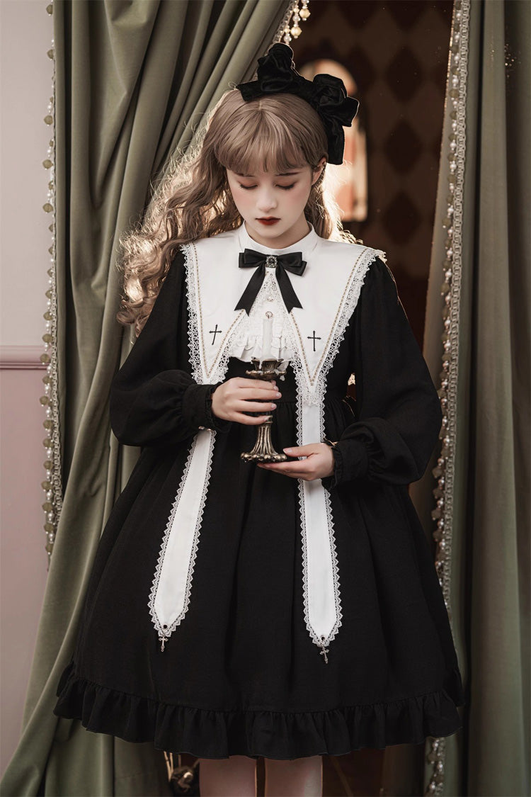 Elegant Nun-Inspired Gothic Dress with Ruffled Bow and Lace, Long Sleeves