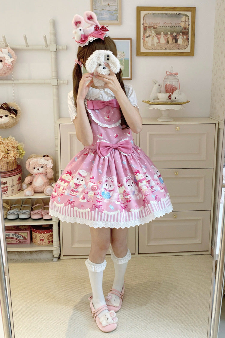 Rose Cupid Bunny Print Sleeveless Bow Princess Lolita Strappy Dress