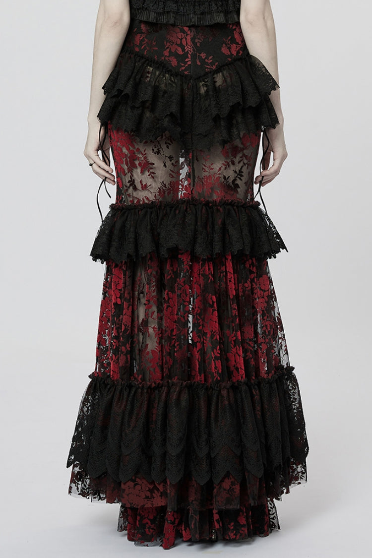 Crimson Noir Layered Ruffle Hollow Lace Gothic Skirt for Women