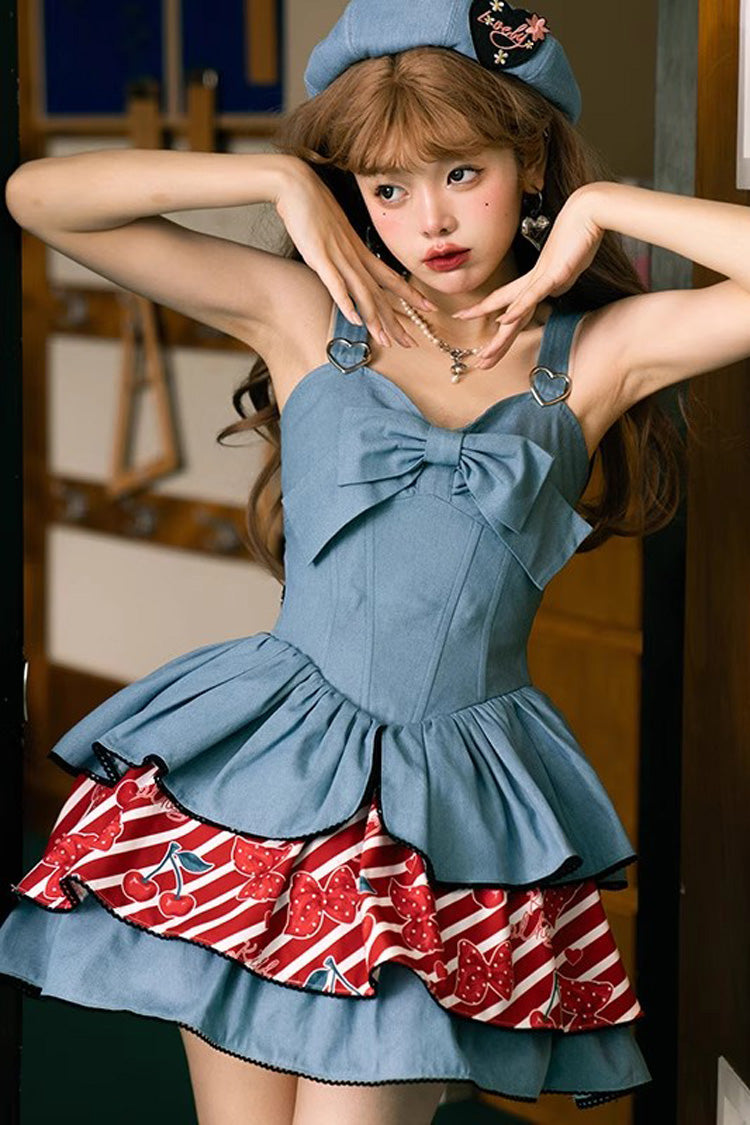 Denim JSK with Triple Ruffles and Bowknot, Vintage Japanese Style - Cherry