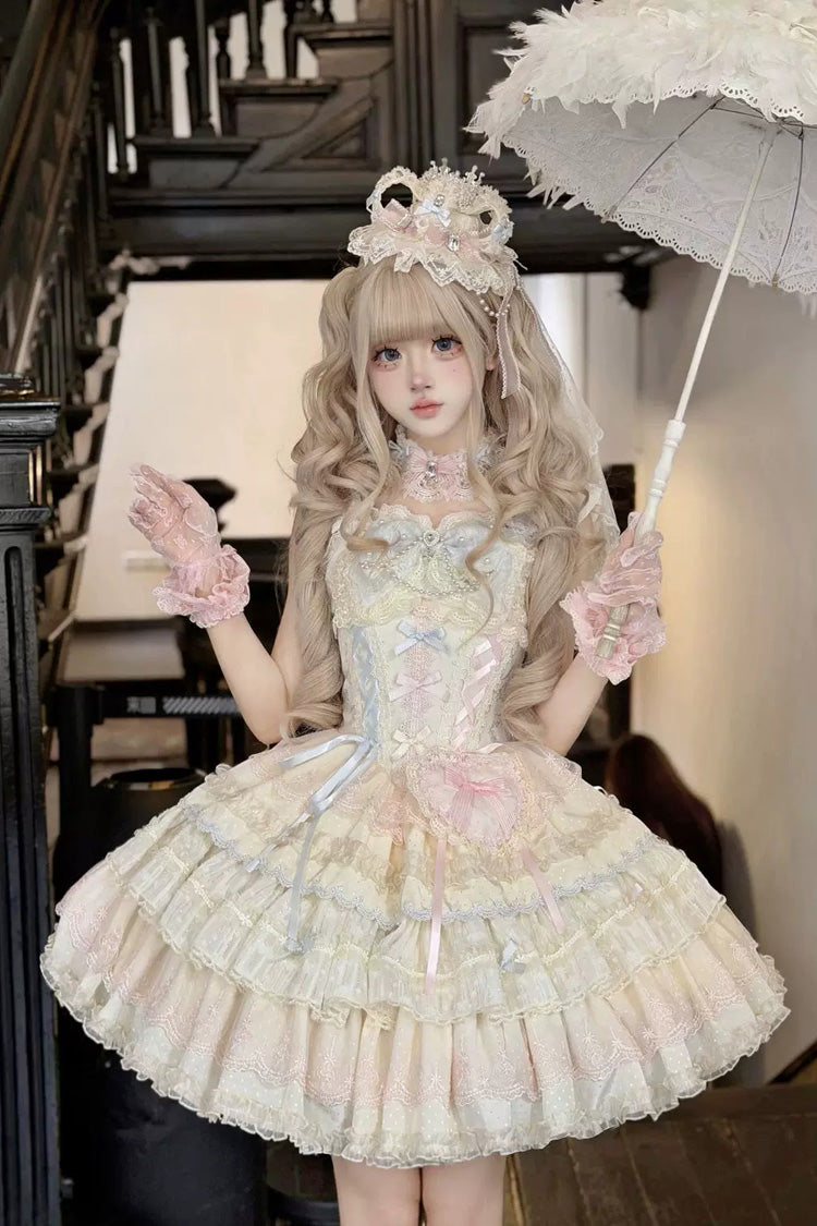 Cloudwhale Dreamweaver Square Collar Multi-Layered Ruffled Bow Lace Sweet Lolita Jsk Dress