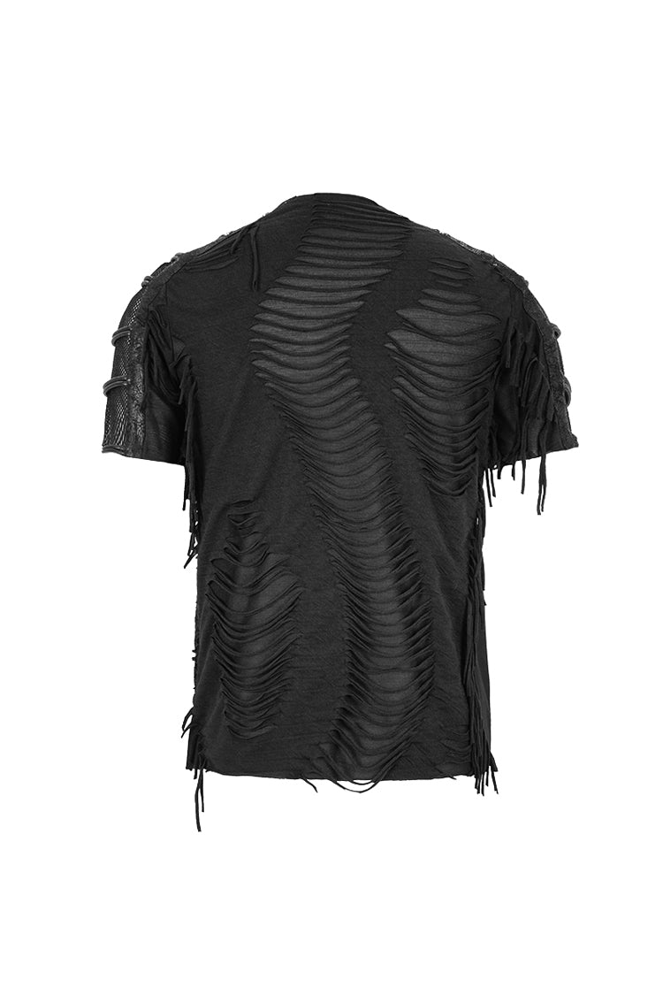 Punk T-Shirt with Tattered Stripes and Mesh Sleeves