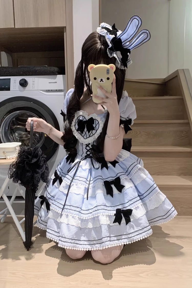 Sweet Lolita JSK with Striped Ruffle Bowknot and Lace-Up Front