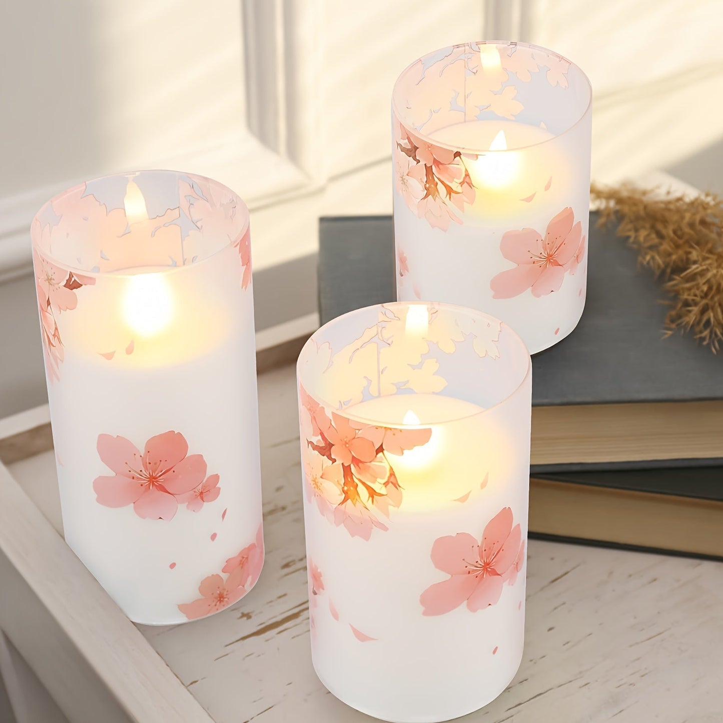 Kawaii 3-pack flameless sakura cherry blossom flower pillar candles