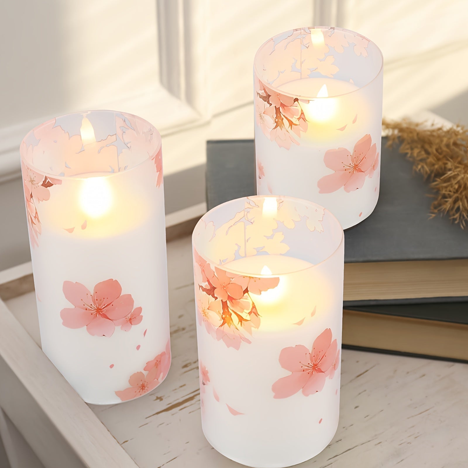 Kawaii 3-pack flameless sakura cherry blossom flower pillar candles