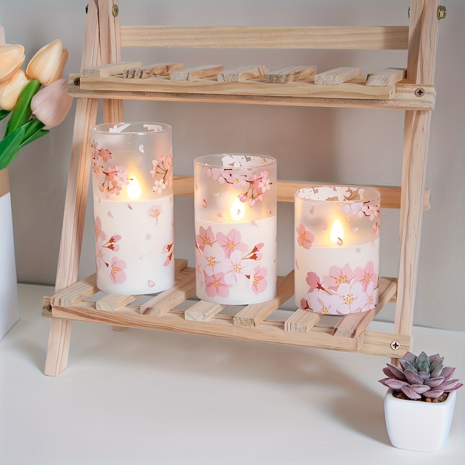 Kawaii 3-pack flameless sakura cherry blossom flower pillar candles