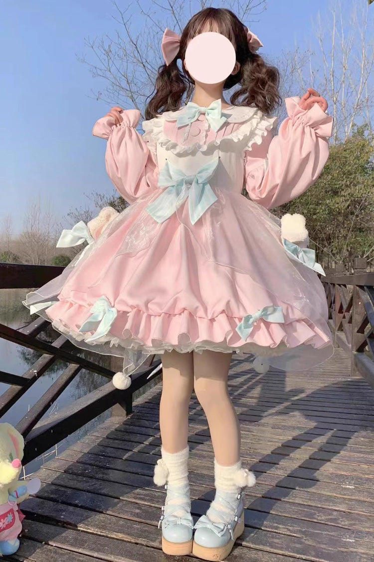 Sweet Lolita Dress with Bear, Long Sleeves, High Waisted Ruffle Bowknot in 3 Colors