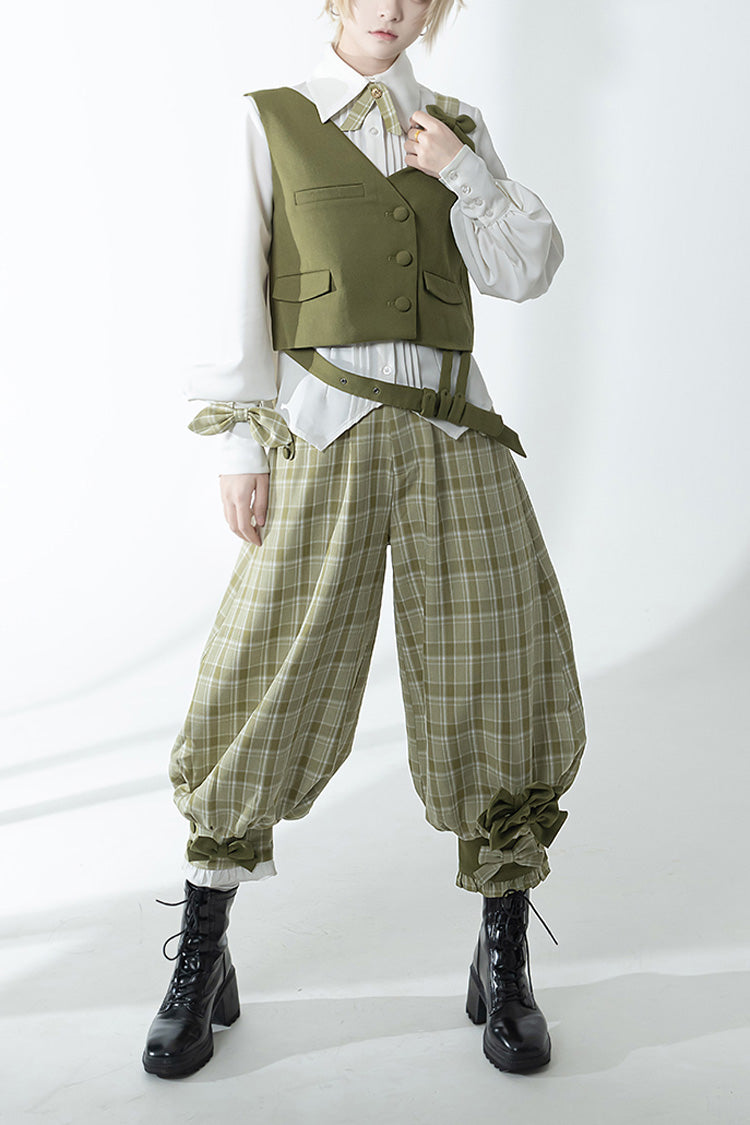 Ouji Lolita Vest with Plaid Pants - Matcha Green - Secret Morning Post - Dual