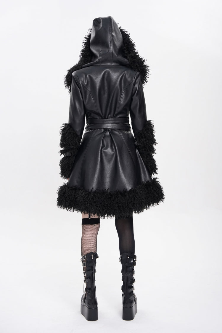 Women's Punk Coat with Plush Stitching, Buckle Straps and Hood, Long Sleeve