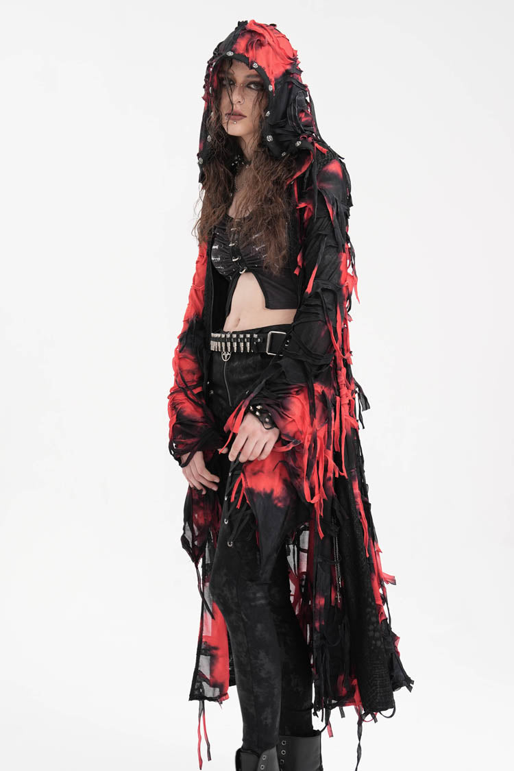 Crimson & Noir Long Sleeve Lace Distressed Zippered Punk Coat