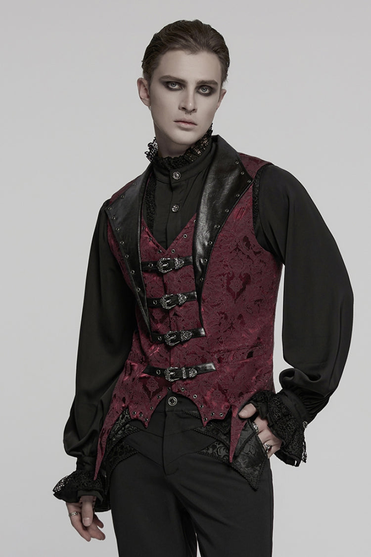 Crimson Noir Sleeveless V-Neck Buckle Jacquard Gothic Vest for Men