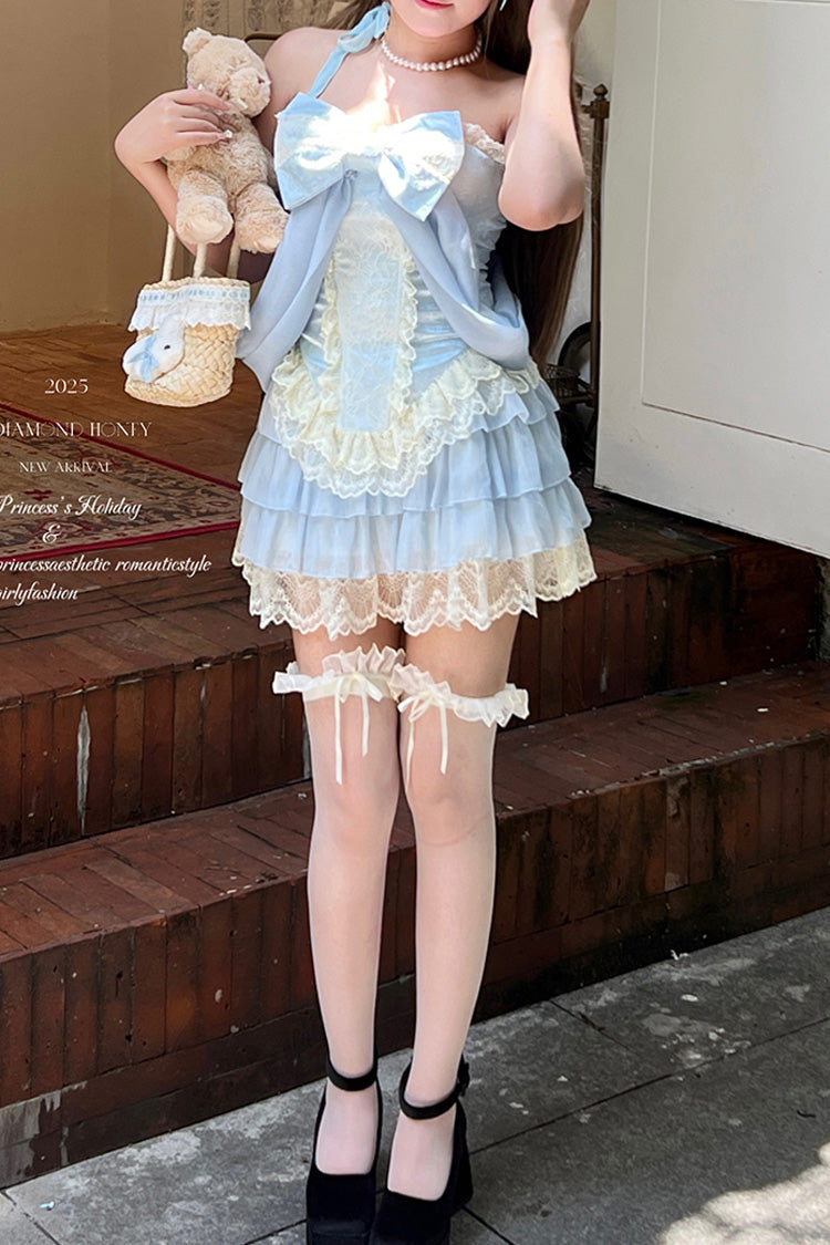 Double-Layered Ruffled Bow Lace Two-Piece Skirt Set - Antique Girl