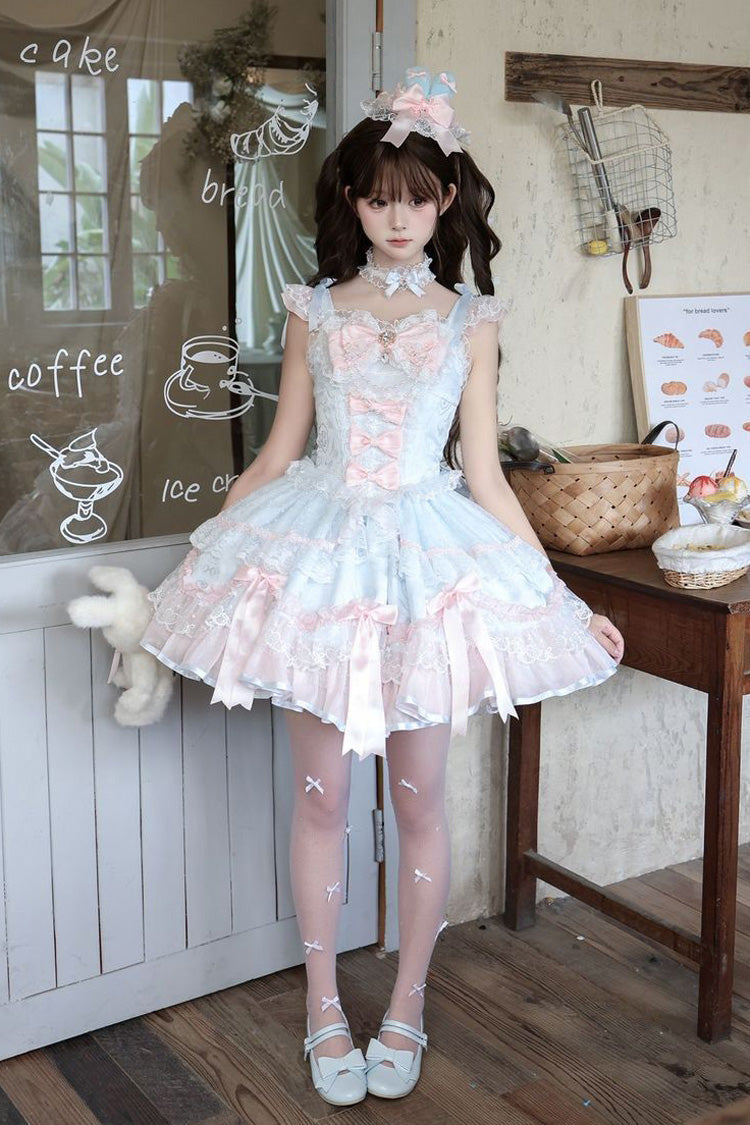 Square Collar Pearl-Trimmed Ruffled JSK with Bow Accents - Candy Satin Ballet