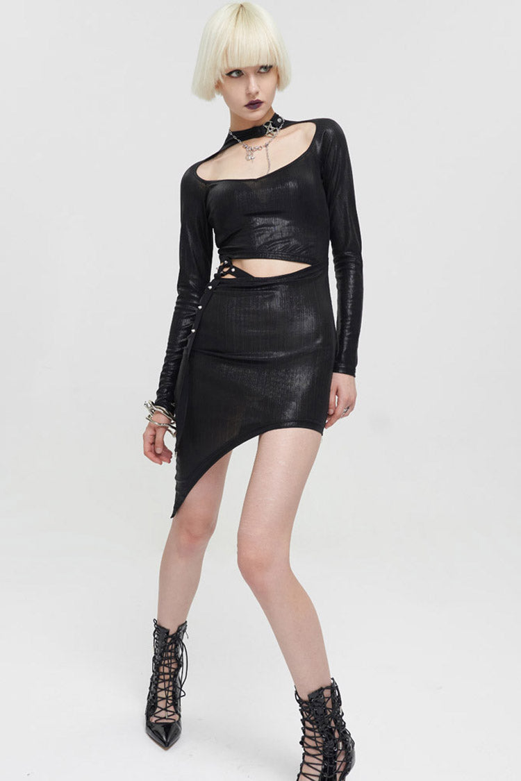 Asymmetric Long Sleeve Gothic Gown with Rivet Cutout & Shimmering Black Knit