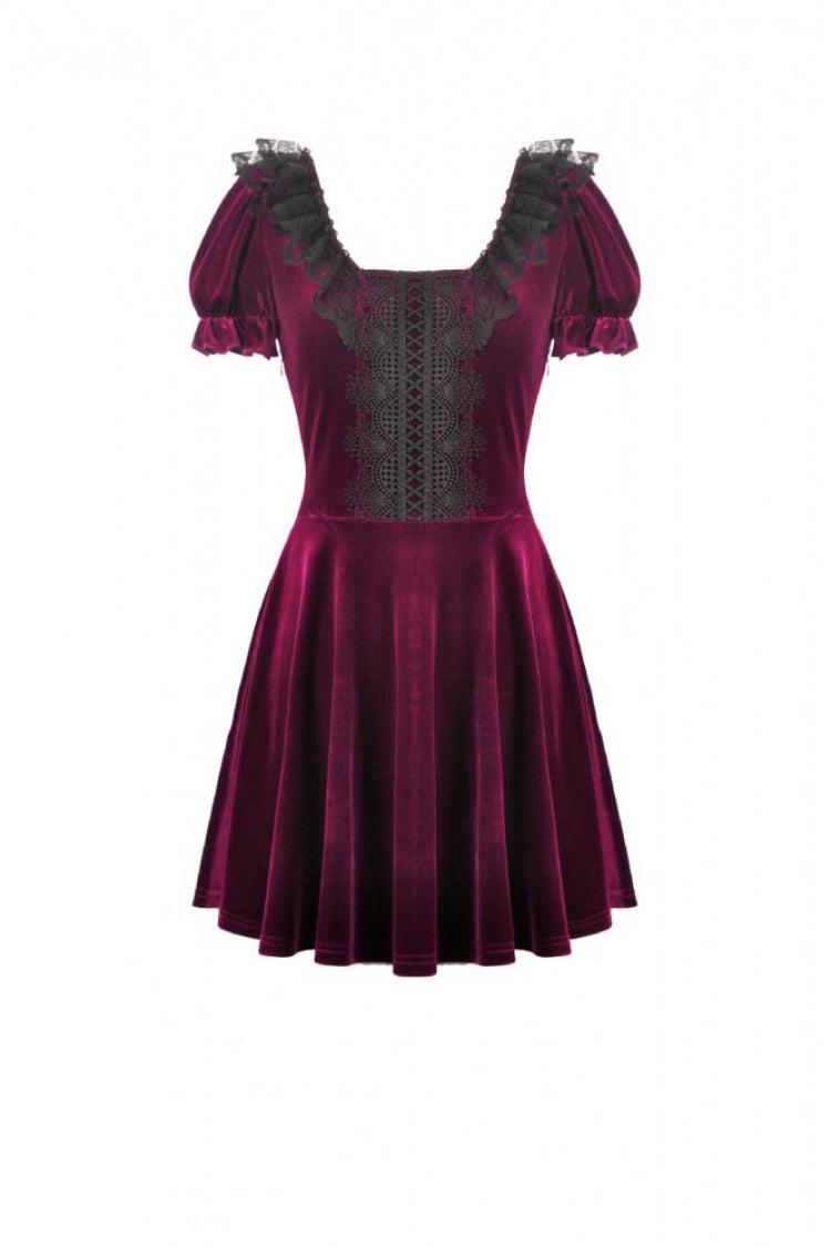 Burgundy Square Collar Short Puff Sleeve Velvet Patchwork Lace Lace-Up Gothic Dress