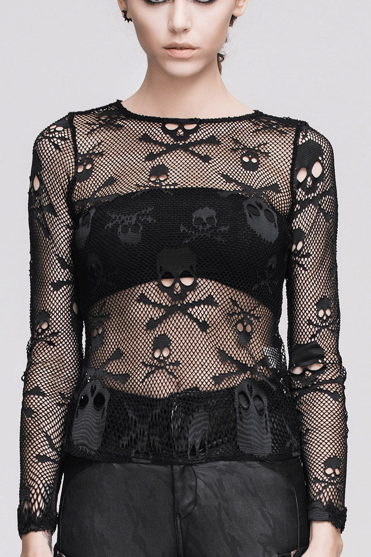 Bold Skull Knit Round-Neck Long-Sleeve Tee for Women