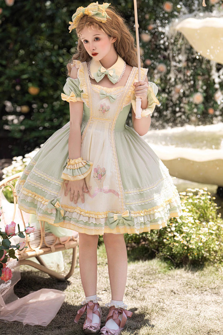 Emerald Short Sleeve Tulip Print Ruffle Bow Sweet Lolita Dress