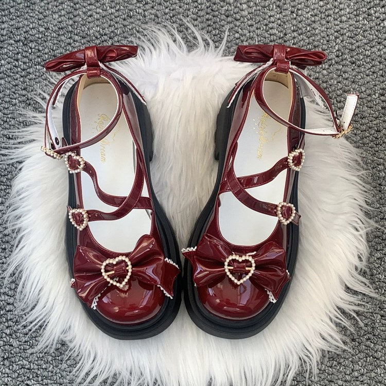 Burgundy Faux Leather Cross Strap Bow Lolita Shoes