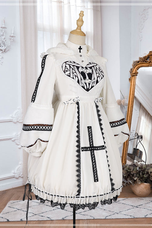 Gothic Lolita OP Dress with Detachable Hat, High Neck, Woolen Cuffs, Demon Rabbit