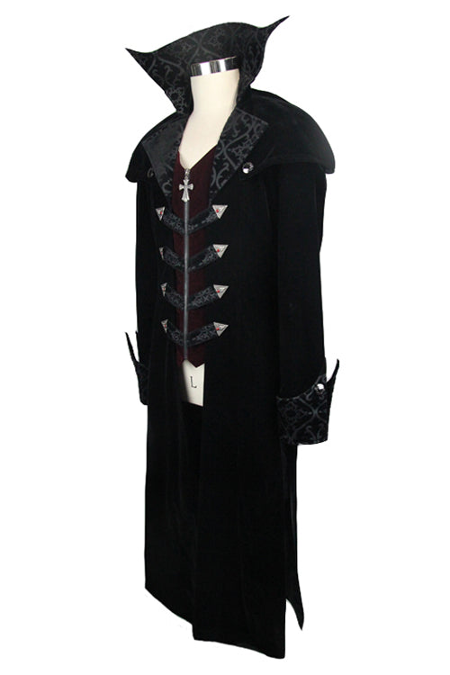 Black Patterned Shawl Collar Men's Velveteen Long Coat Gothic Western