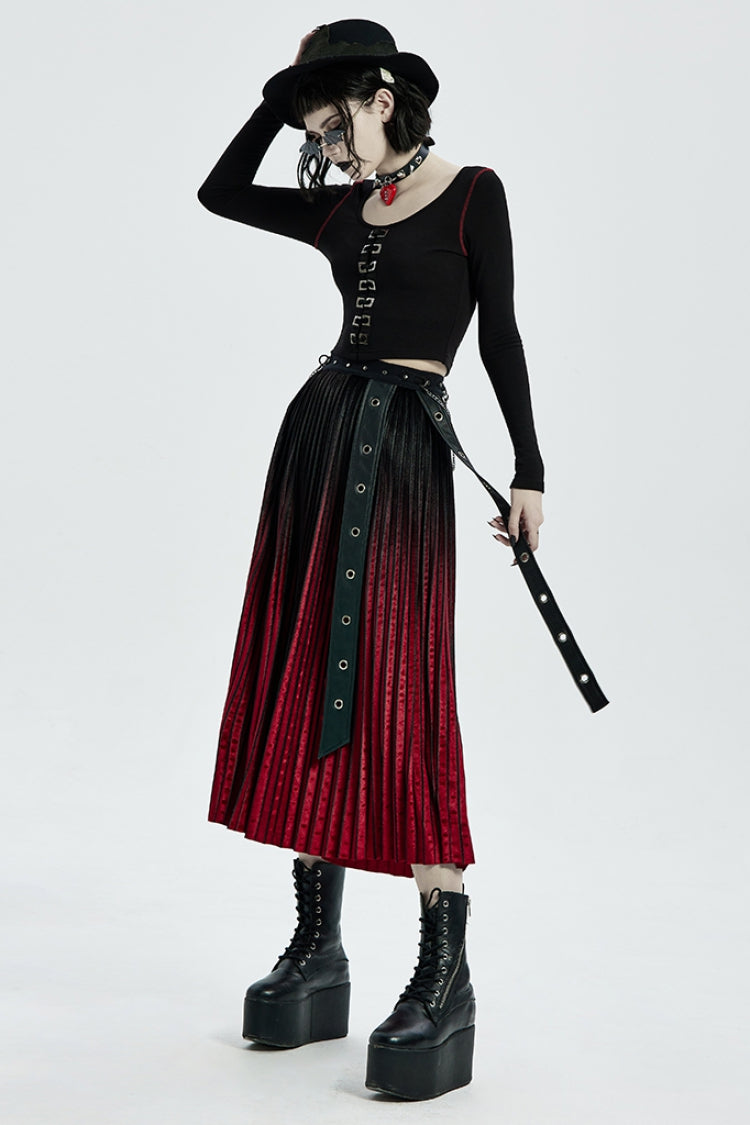 Crimson & Noir Metal Studs & Chain Accent Ombre Steampunk Skirt