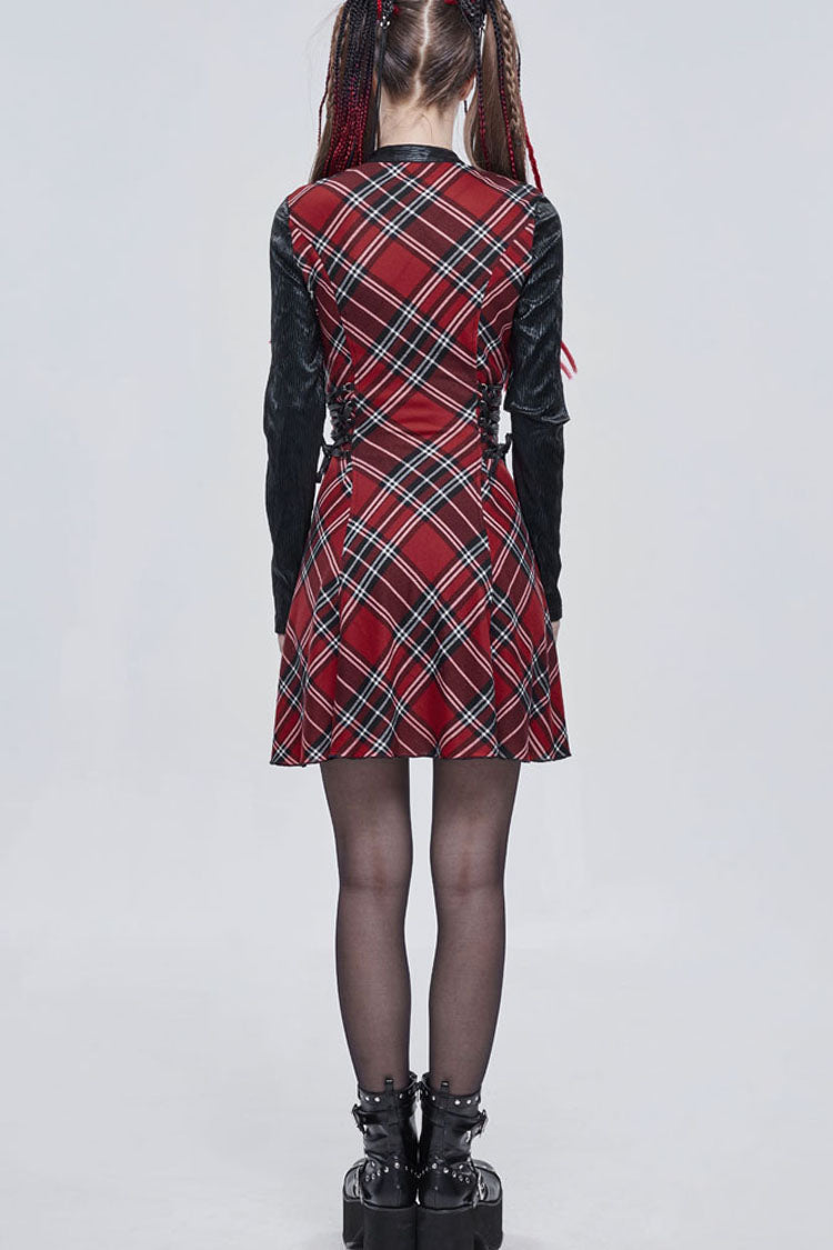 Scarlet Plaid Knit Dress with Side Straps and Pentagram Hardware