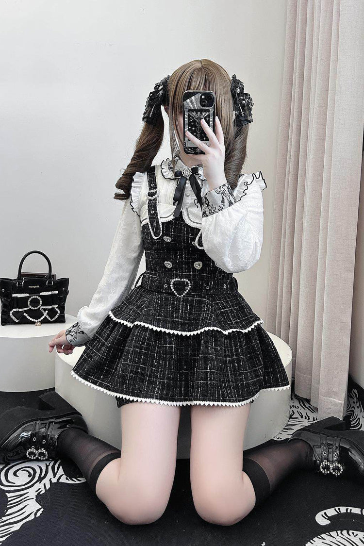 Pearl-Adorned Tartan Jirai Kei Japanese Dress Set