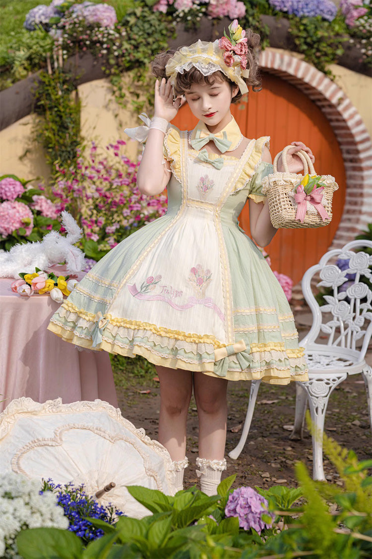 Emerald Short Sleeve Tulip Print Ruffle Bow Sweet Lolita Dress