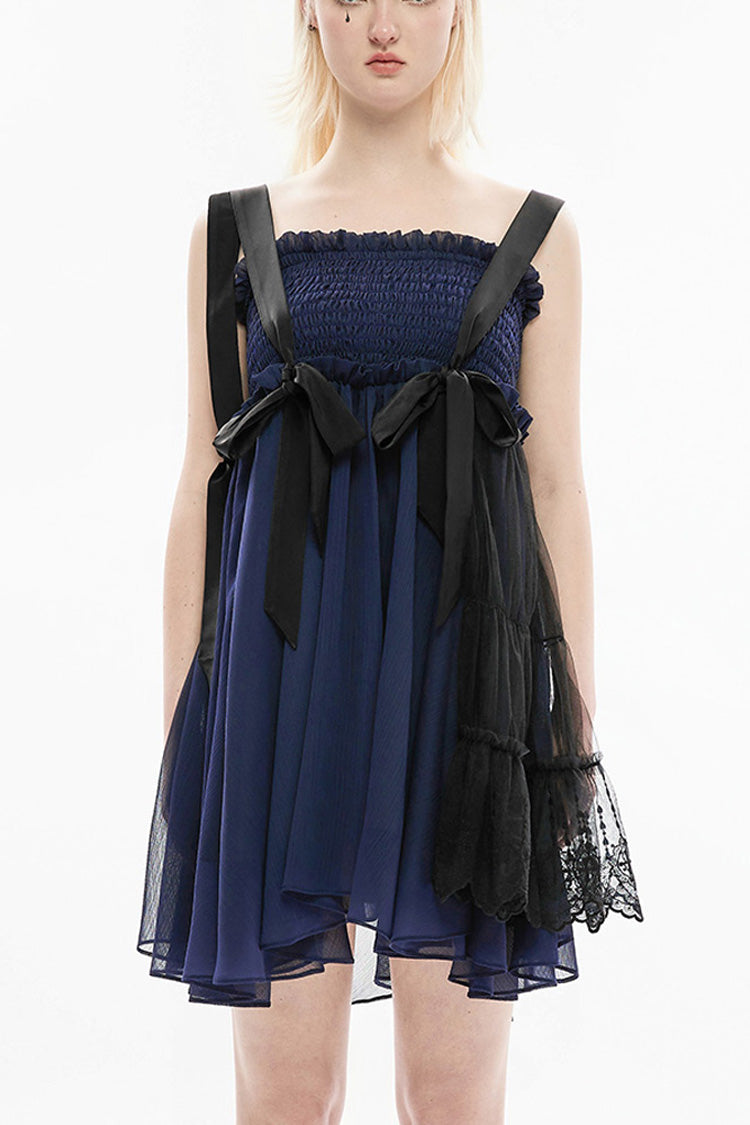 Azure Strap Big Bow Streamer Lace Suspender Gothic Dress for Women