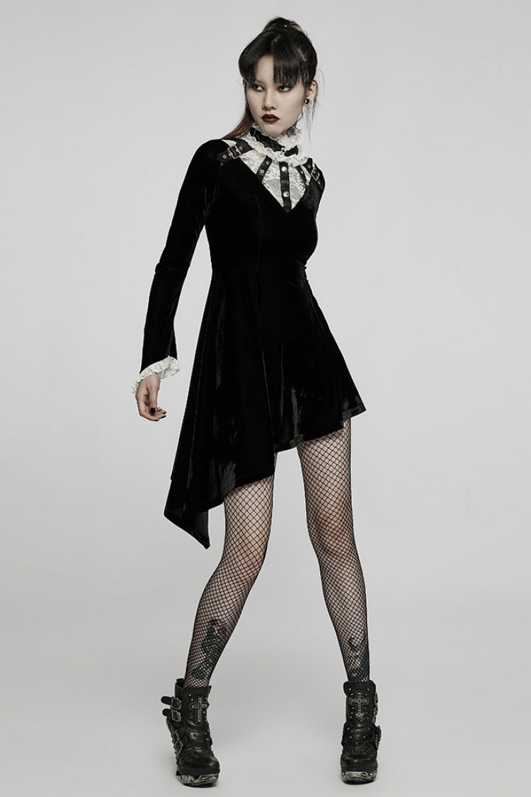 Flared Bell Sleeve Lace Patch Asymmetrical Gothic Gown - 2 Colors