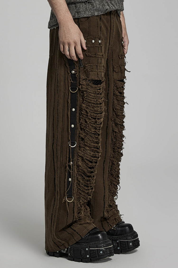 Steampunk Men's Ripped Straight Pants with Metal Rivets and Mesh - Two Tones