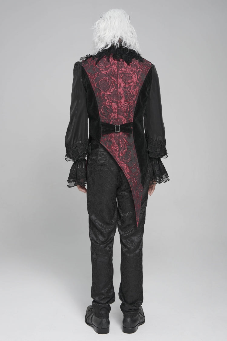 Men's Gothic Vest with Rose Print and Contrast Color, Detachable Feather Accessory