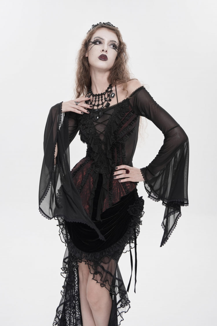 Crimson & Noir Off-Shoulder Long Bell Sleeve Ruffled Embroidered Lace-Up Gothic Blouse