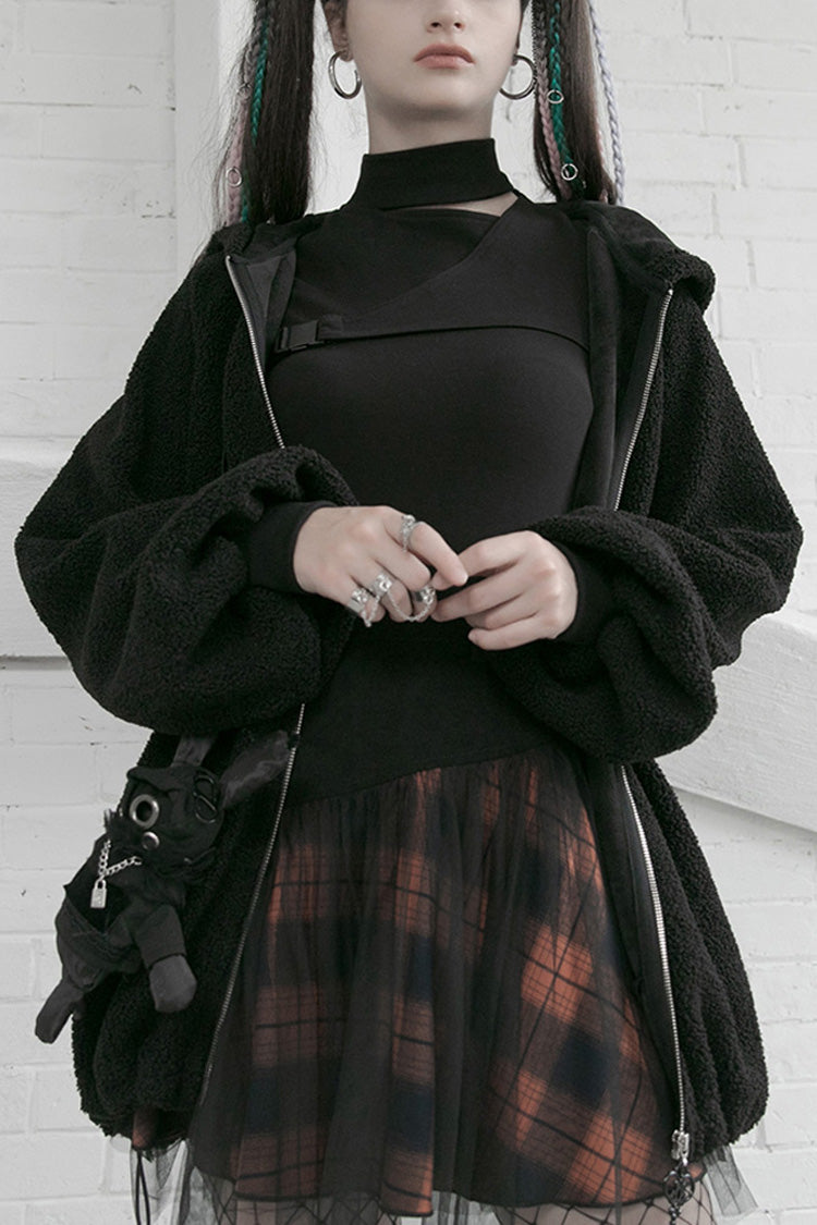 Crimson Noir Lace Mesh Stitching Plaid Metal Buckle High-Waist Punk Skirt