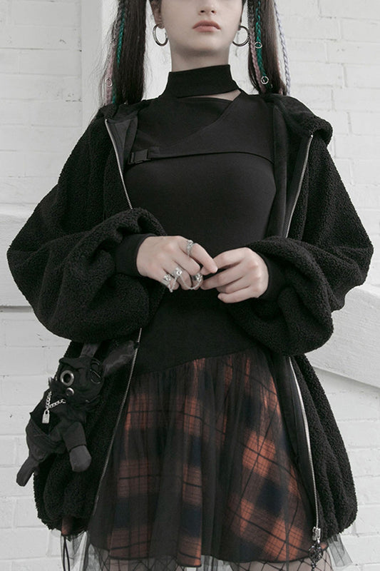 Crimson Noir Lace Mesh Stitching Plaid Metal Buckle High-Waist Punk Skirt