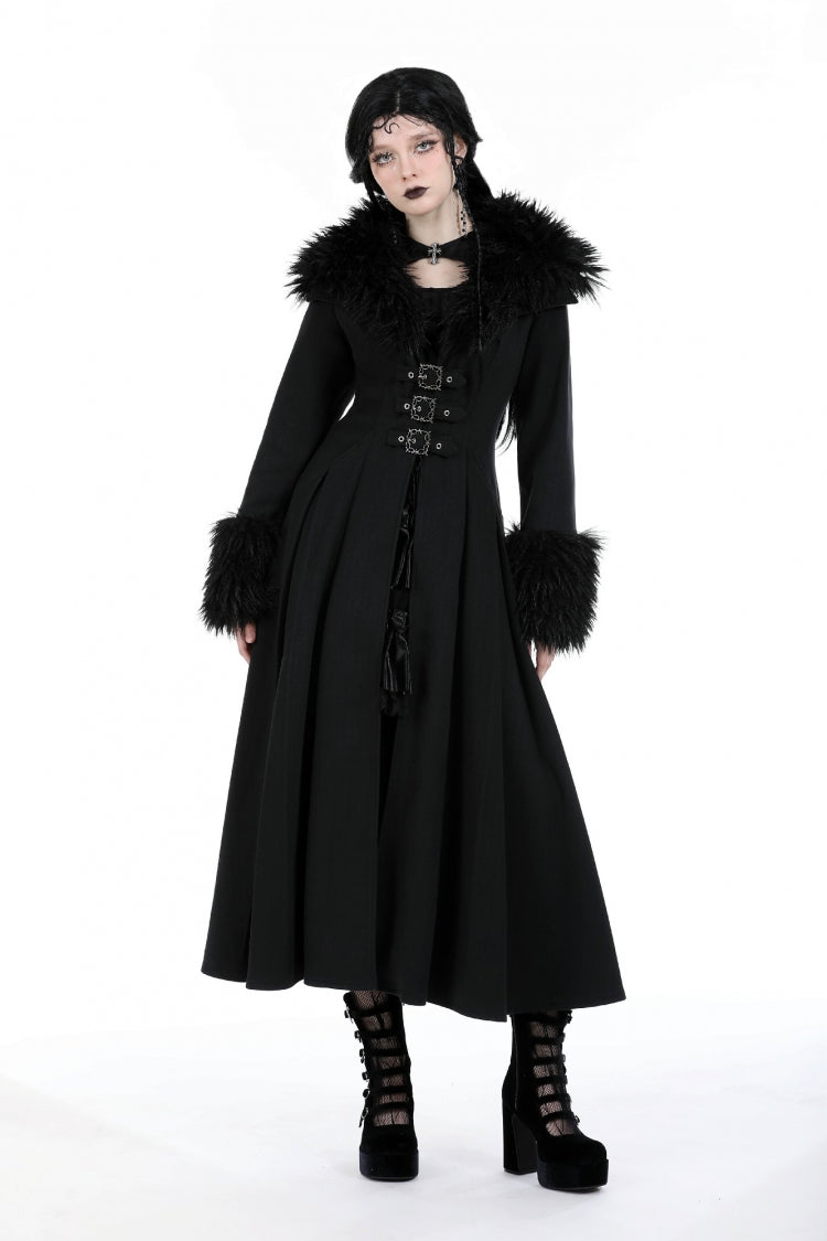 Gothic Draped Coat with Buckle Lace-Up, Faux Fur Collar, and Extended Sleeves