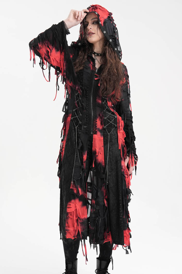 Crimson & Noir Long Sleeve Lace Distressed Zippered Punk Coat