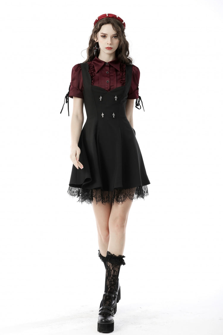 Burgundy Point Collar Short Puff Sleeve Ruffled Gothic Elegant Women's Blouse