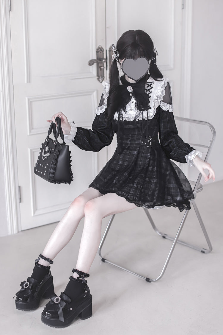 Plaid Print Ruffle Bow Sweet Jirai Kei Dress - Angel Heartbeat