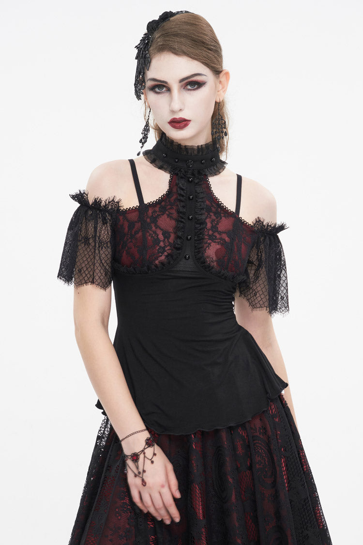 Crimson & Noir Off-Shoulder Lace Round Collar Panel Gothic Shirt