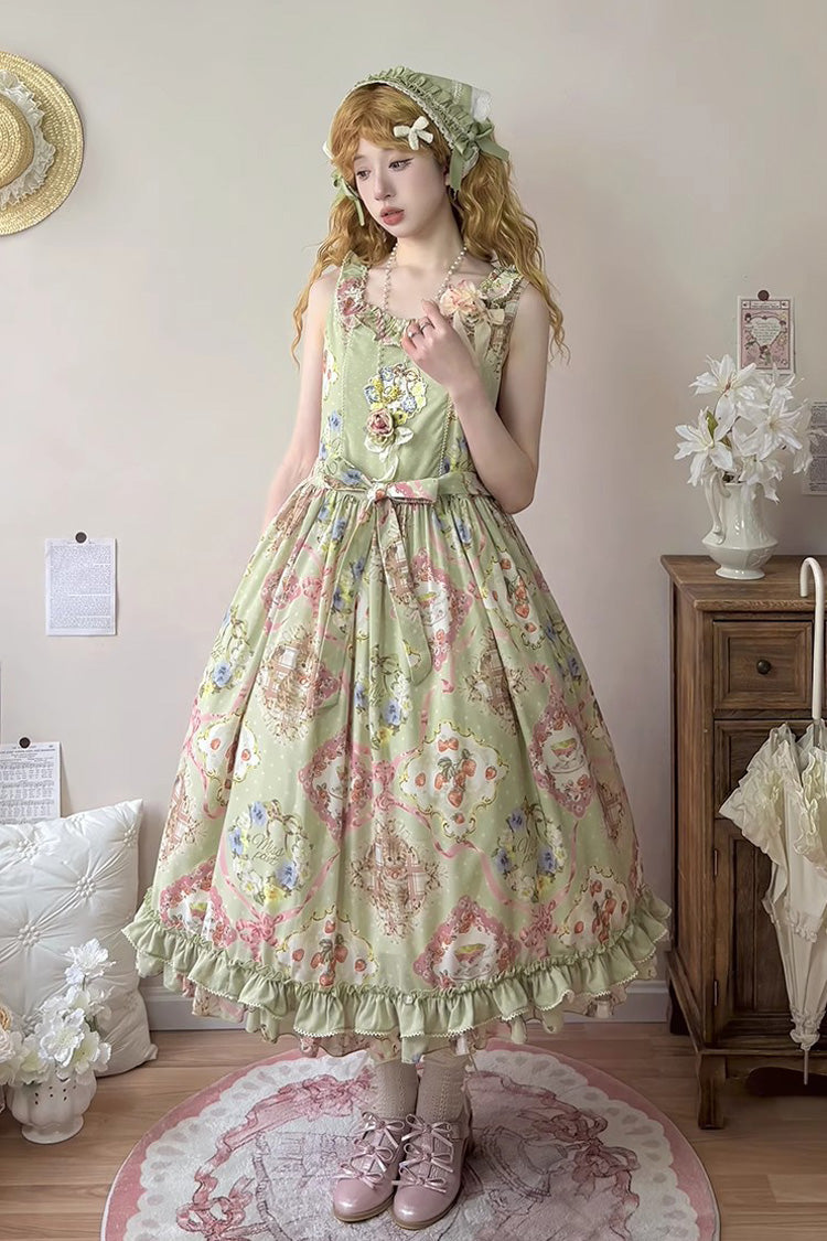 Emerald Cat Rose Tea Sleeveless Floral Ruffle Bow Sweet Lolita Jumper