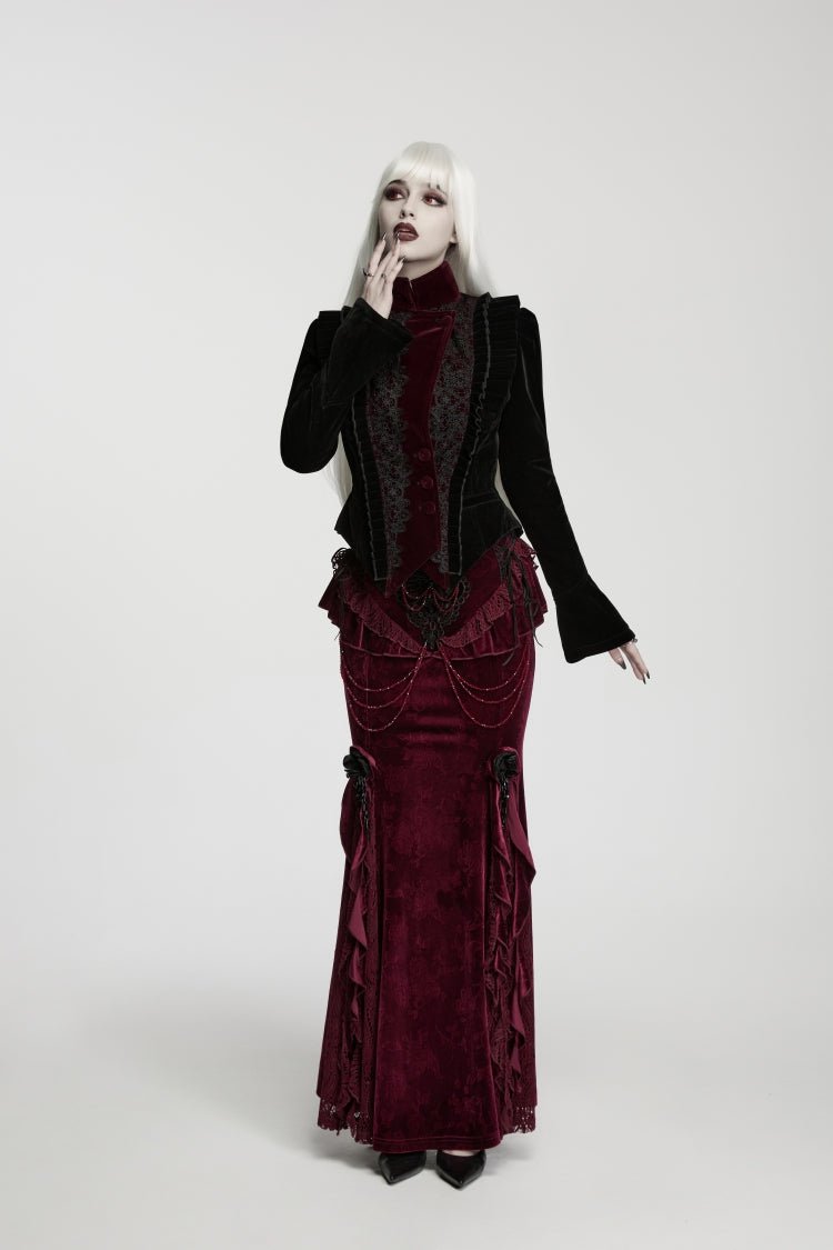 Crimson Noir Asymmetric Lace-Up Trumpet-Sleeve Royal Velvet Gothic Coat