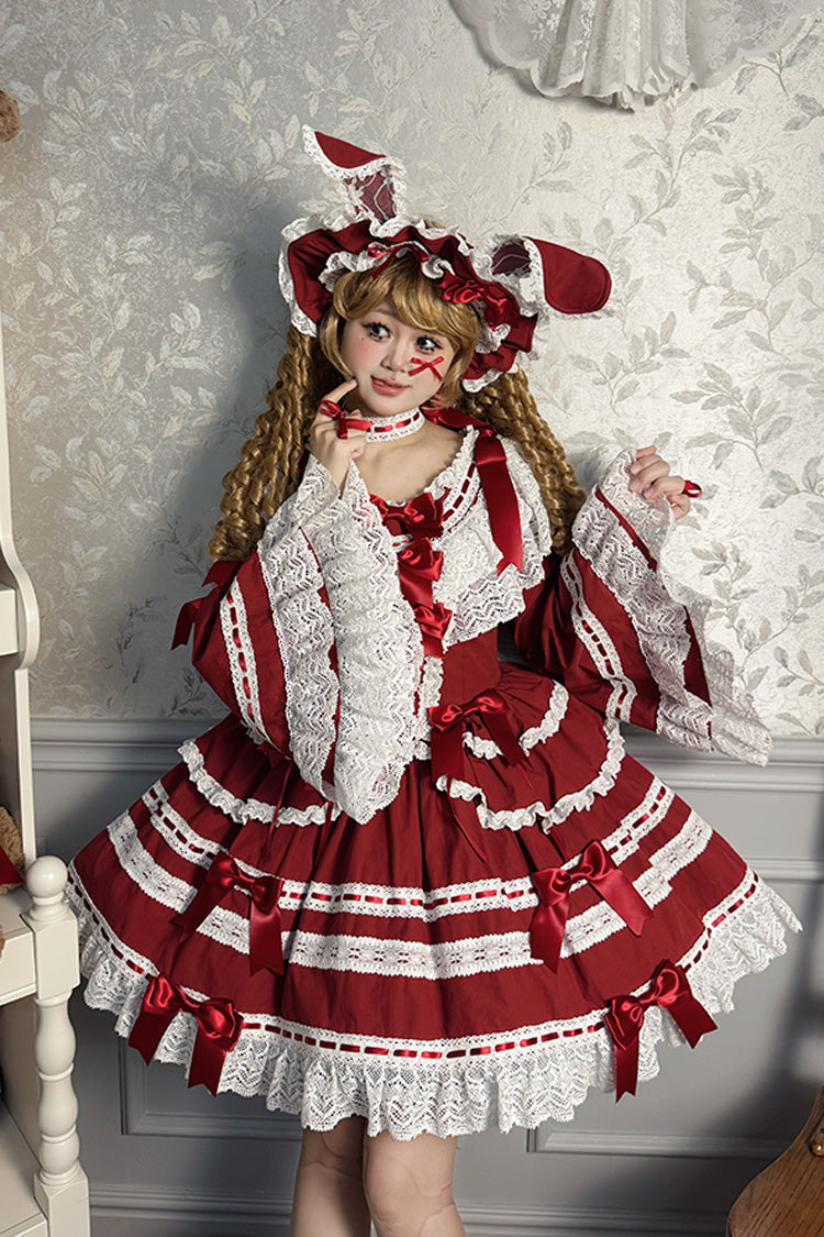 Burgundy Rabbit Sleeping Doll Print Flared Sleeves Ruffle Bow Lace Sweet Lolita Dress