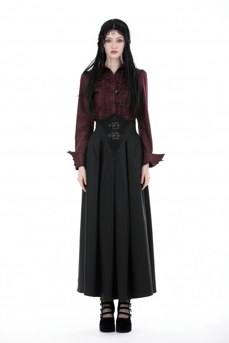 Burgundy Turn-Down Collar Ruffled Long Sleeve Gothic Women's Blouse