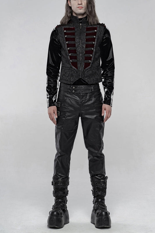 Gothic Men's Vest with Jacquard Velvet, Stand Collar & Chest Breasted Trim