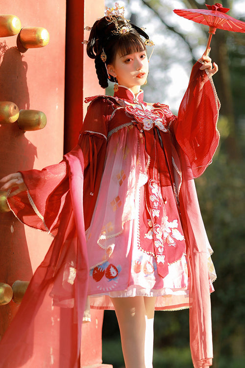 Scarlet Strawberry Print Hanfu Dress with Embroidered Shawl