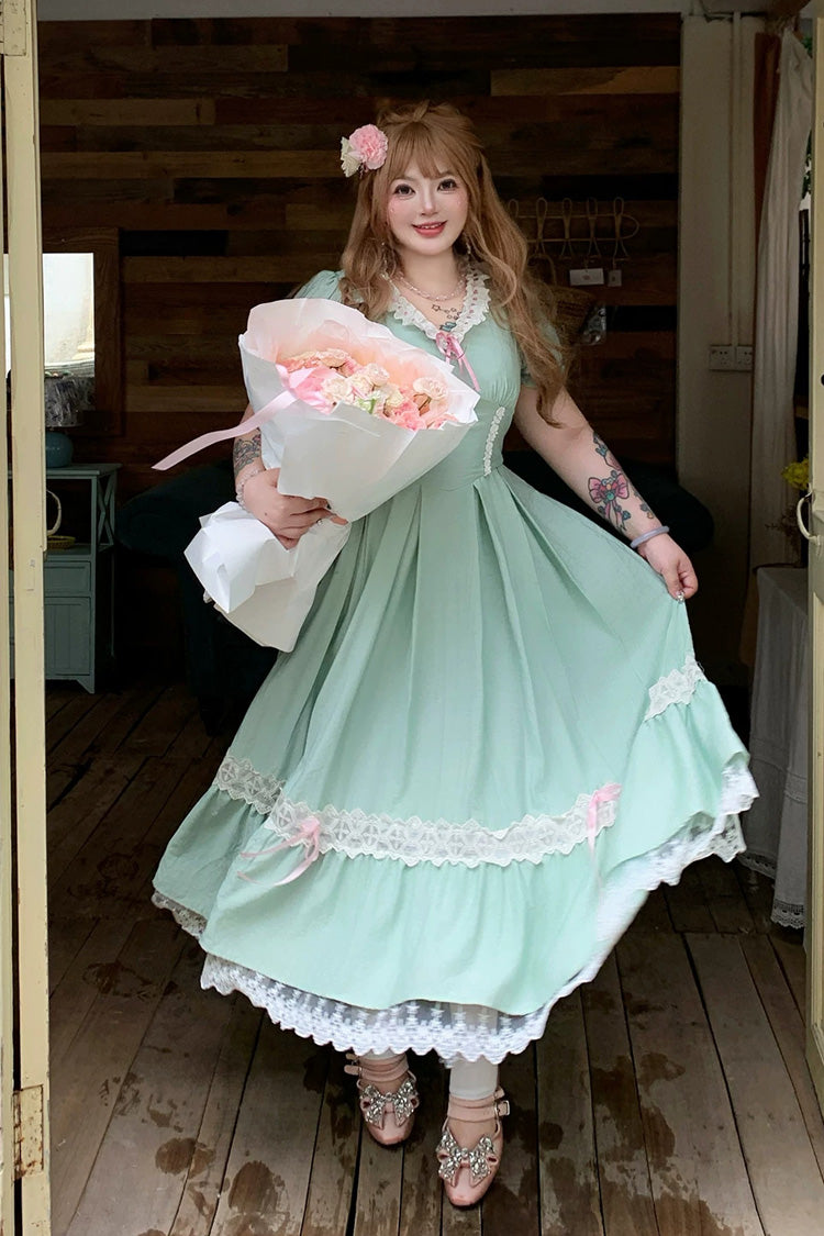 Emerald V Collar Short Sleeve Ruffled Lace Sweet Plus Size Lolita Gown